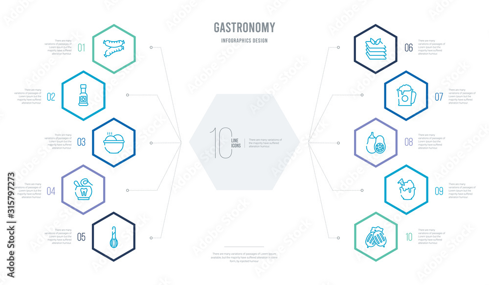 gastronomy concept business infographic design with 10 hexagon options. outline icons such as gooseberry, nachos, butternut squash, beer can, lasagne, floss gastronomy concept business infographic design with 10 hexagon options. outline icons such as gooseberry, nachos, butternut squash, beer can, lasagne, floss