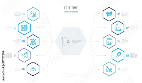 free time concept business infographic design with 10 hexagon options. outline icons such as gardening, table tennis, fish tank, roller, table football, origami