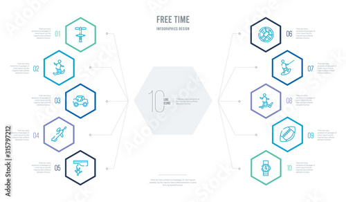 free time concept business infographic design with 10 hexagon options. outline icons such as watches, rugby ball, skateboarding, wakeboarding, zorbing, paintball