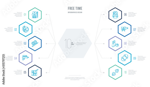 free time concept business infographic design with 10 hexagon options. outline icons such as dumbell, skate, bowling, ship in a bottle, instant camera, water gun