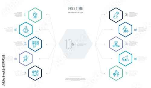free time concept business infographic design with 10 hexagon options. outline icons such as multitool, hang glider, pedestal, sports, karaoke, running man