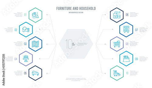 furniture and household concept business infographic design with 10 hexagon options. outline icons such as comfortable, kotatsu, baby cot, drawer chest, chiller, candelabrum