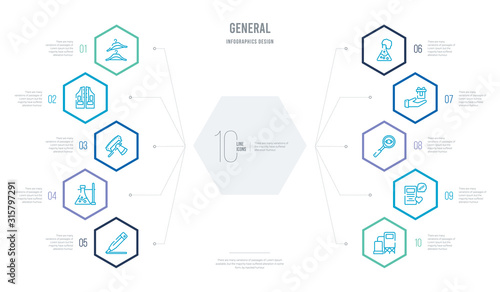 general concept business infographic design with 10 hexagon options. outline icons such as gas storage, wish, magnifying glass searcher, gifts, erlenmeyer flask, erlenmeyer flask bracket