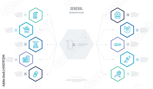 general concept business infographic design with 10 hexagon options. outline icons such as private eye magnifying, inclined pin, switch off, big magnet, box side view, paper mill