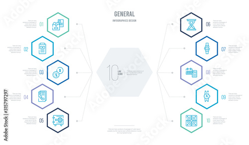 general concept business infographic design with 10 hexagon options. outline icons such as arm target, circular watch, work agenda, classic wristwatch, vintage hourglass, phone numbers agenda