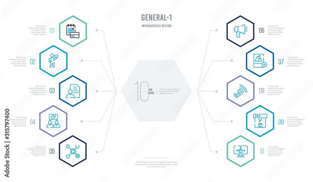 general-1 concept business infographic design with 10 hexagon options. outline icons such as 3d modeling, 3d printing, active sensor, add photos, advertising agency, affiliate link general-1 concept business infographic design with 10 hexagon options. outline icons such as 3d modeling, 3d printing, active sensor, add photos, advertising agency, affiliate link