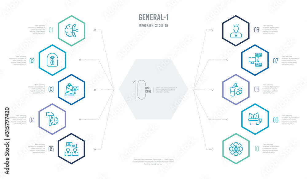 general-1 concept business infographic design with 10 hexagon options. outline icons such as bioengineering, biomass energy, biotechnology, bpm, brand awareness, build time general-1 concept business infographic design with 10 hexagon options. outline icons such as bioengineering, biomass energy, biotechnology, bpm, brand awareness, build time