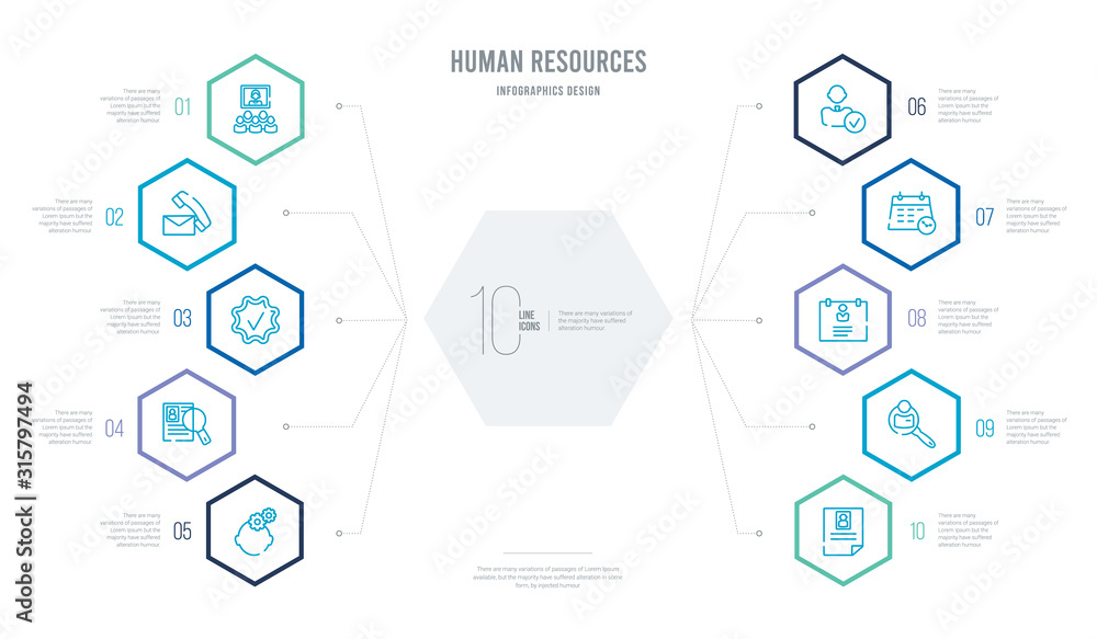 human resources concept business infographic design with 10 hexagon options. outline icons such as resume, recruitment, profiles, appointment, hi, hiring human resources concept business infographic design with 10 hexagon options. outline icons such as resume, recruitment, profiles, appointment, hi, hiring