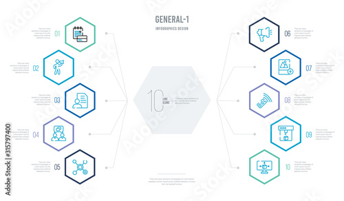 general-1 concept business infographic design with 10 hexagon options. outline icons such as 3d modeling, 3d printing, active sensor, add photos, advertising agency, affiliate link