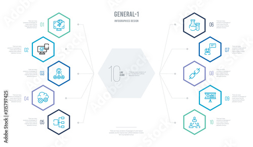 general-1 concept business infographic design with 10 hexagon options. outline icons such as business networking, business performance, chain, chat bot, chemical lab, cloud service