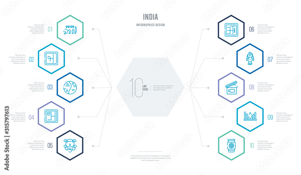 india concept business infographic design with 10 hexagon options. outline icons such as ugadi, uttar pradesh, bollywood, durga puja, marathi language, bengali language india concept business infographic design with 10 hexagon options. outline icons such as ugadi, uttar pradesh, bollywood, durga puja, marathi language, bengali language