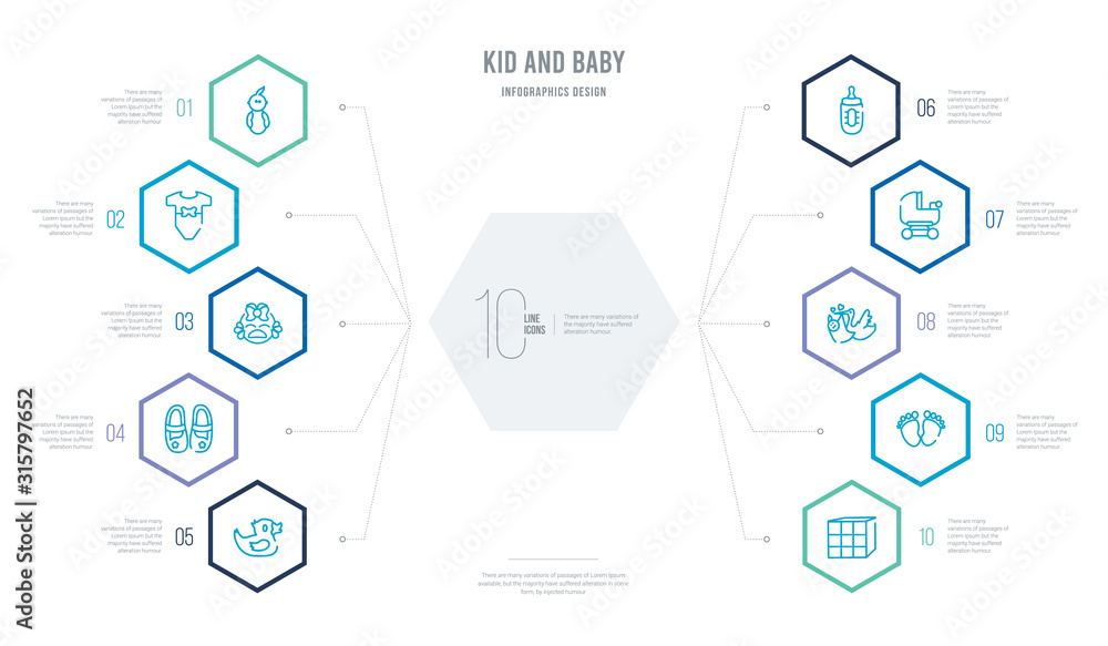 kid and baby concept business infographic design with 10 hexagon options. outline icons such as cubes, footprints, stork, baby carriage, feeding bottle, girl shoes kid and baby concept business infographic design with 10 hexagon options. outline icons such as cubes, footprints, stork, baby carriage, feeding bottle, girl shoes