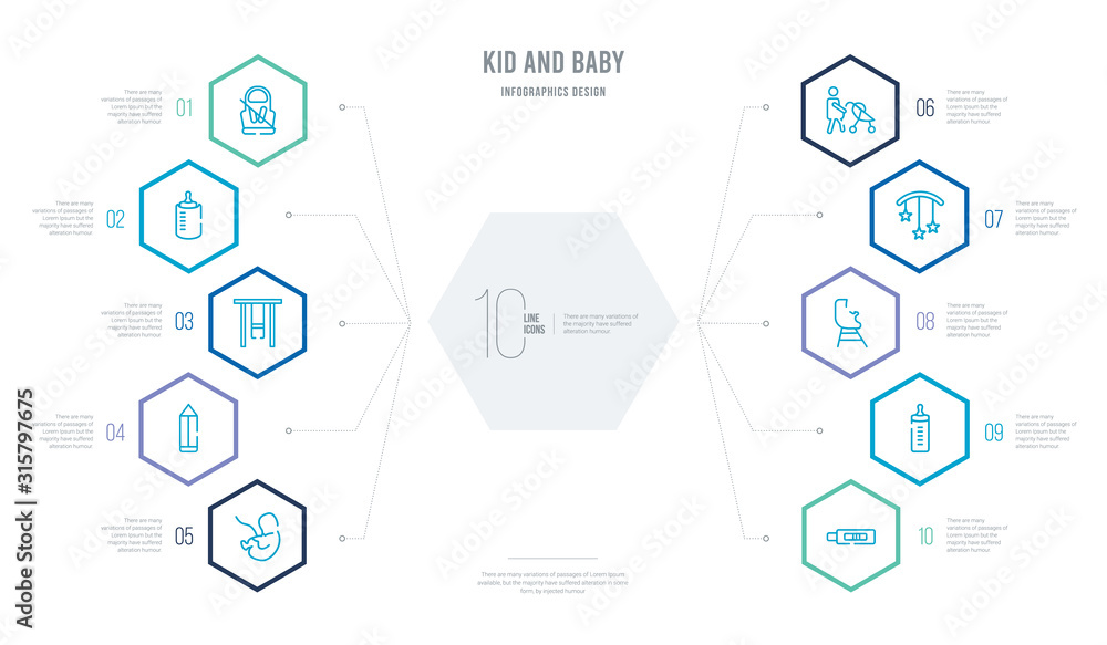kid and baby concept business infographic design with 10 hexagon options. outline icons such as pregnancy test, baby bottle, baby chair, crib toy, overall, crayons kid and baby concept business infographic design with 10 hexagon options. outline icons such as pregnancy test, baby bottle, baby chair, crib toy, overall, crayons