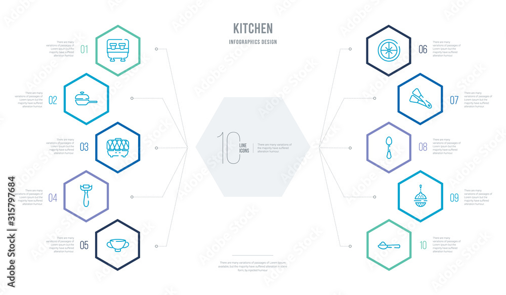 kitchen concept business infographic design with 10 hexagon options. outline icons such as tablespoon, tea infuser, teaspoon, tongs, trivet, vegetable peeler kitchen concept business infographic design with 10 hexagon options. outline icons such as tablespoon, tea infuser, teaspoon, tongs, trivet, vegetable peeler