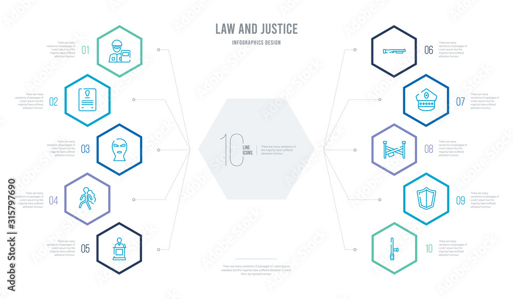 law and justice concept business infographic design with 10 hexagon options. outline icons such as baton, defense, police line, police cap, shotgun, corpse law and justice concept business infographic design with 10 hexagon options. outline icons such as baton, defense, police line, police cap, shotgun, corpse