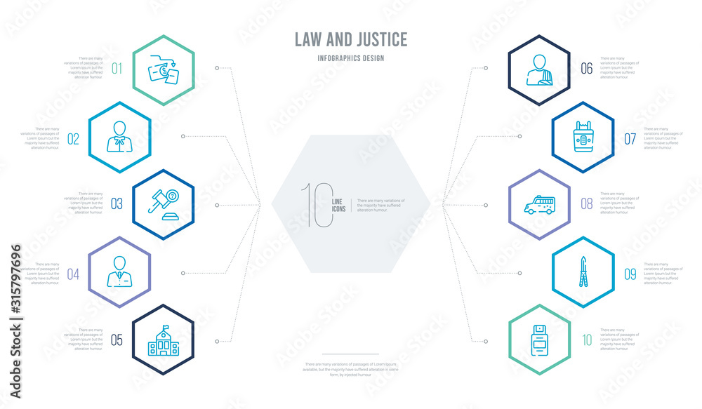 law and justice concept business infographic design with 10 hexagon options. outline icons such as pepper spray, butterfly knife, prisoner transport vehicle, electroshock weapon, accident and law and justice concept business infographic design with 10 hexagon options. outline icons such as pepper spray, butterfly knife, prisoner transport vehicle, electroshock weapon, accident and