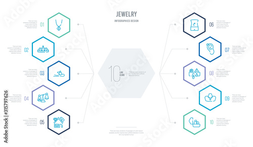 jewelry concept business infographic design with 10 hexagon options. outline icons such as engagement, pearl necklace, jewelry, piercing, belly piercing, measurement