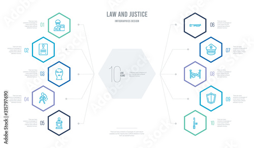 law and justice concept business infographic design with 10 hexagon options. outline icons such as baton, defense, police line, police cap, shotgun, corpse