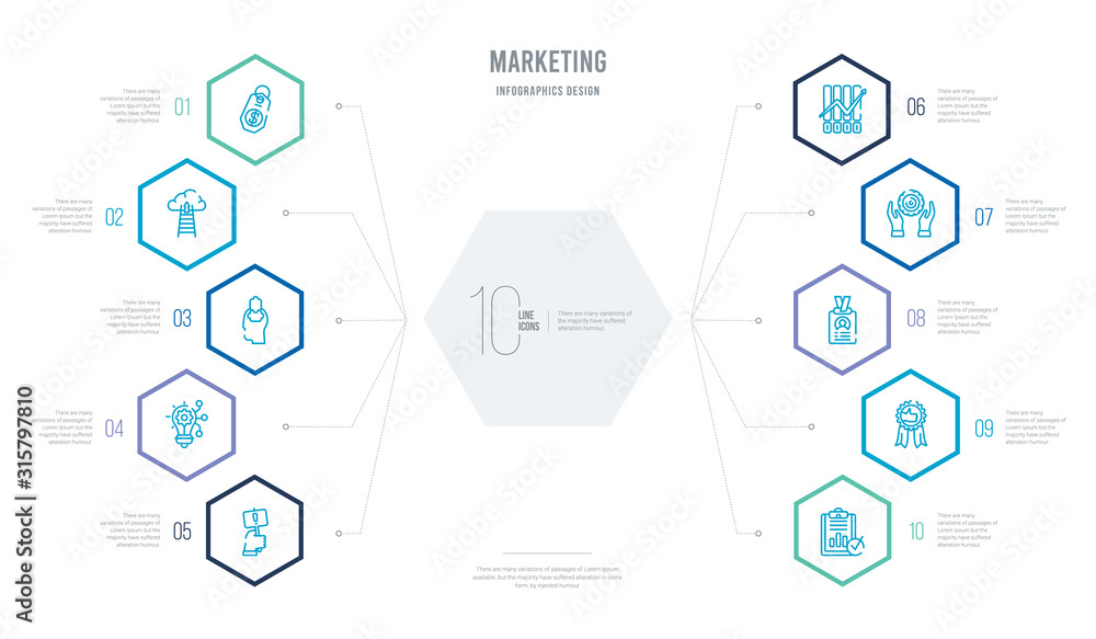 marketing concept business infographic design with 10 hexagon options. outline icons such as result, recommendation, id, service, trend, innovation marketing concept business infographic design with 10 hexagon options. outline icons such as result, recommendation, id, service, trend, innovation