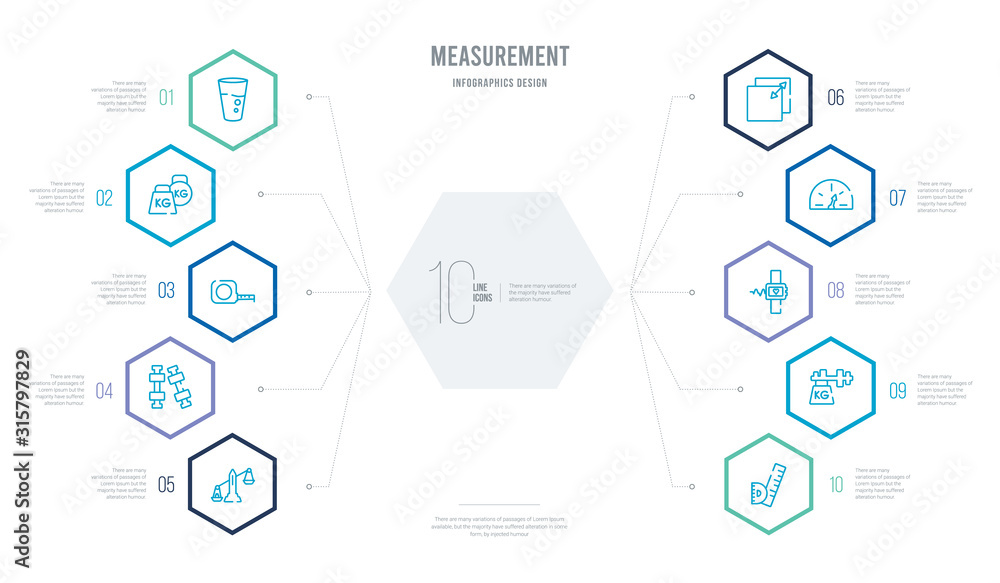 measurement concept business infographic design with 10 hexagon options. outline icons such as square measument, heavy weight, heart meter, speed indicator, resize square, two dumbbell measurement concept business infographic design with 10 hexagon options. outline icons such as square measument, heavy weight, heart meter, speed indicator, resize square, two dumbbell