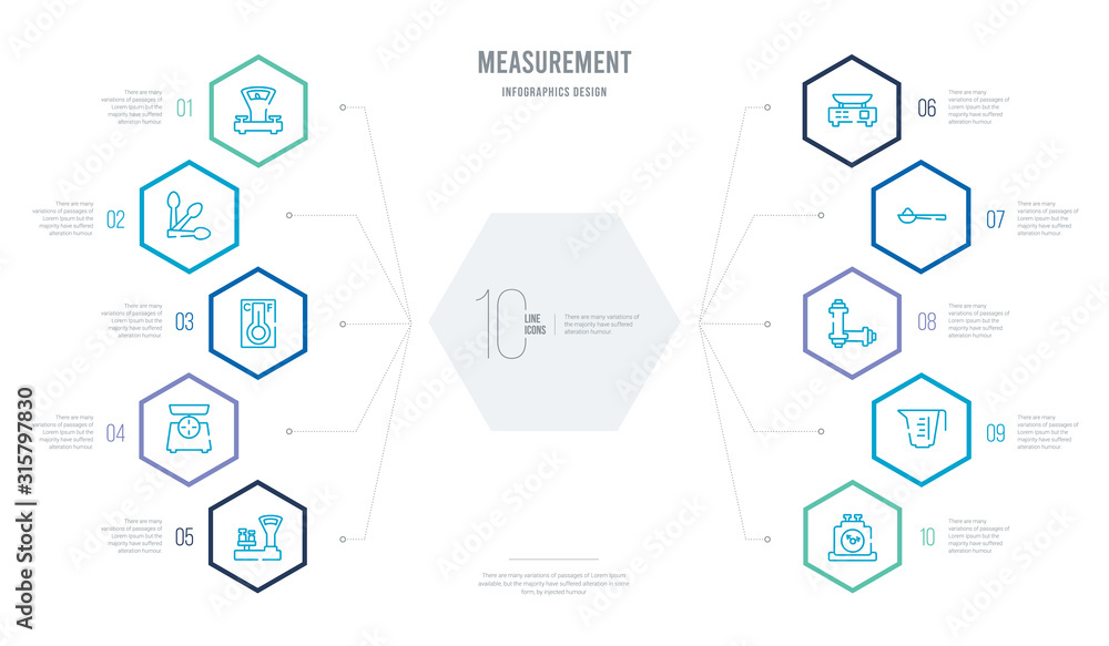 measurement concept business infographic design with 10 hexagon options. outline icons such as chronometer running, cup scale, two dumbbells, full spoon, small scale, groceries store scale measurement concept business infographic design with 10 hexagon options. outline icons such as chronometer running, cup scale, two dumbbells, full spoon, small scale, groceries store scale