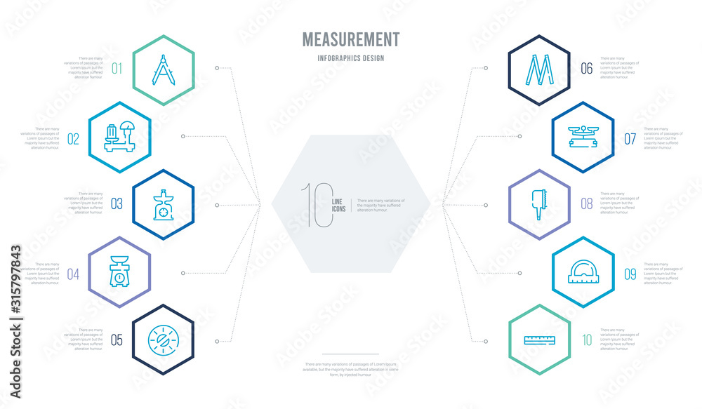 measurement concept business infographic design with 10 hexagon options. outline icons such as big ruler, small angle ruler, cuttin wrench, old scale, folded ruler, mini scale measurement concept business infographic design with 10 hexagon options. outline icons such as big ruler, small angle ruler, cuttin wrench, old scale, folded ruler, mini scale