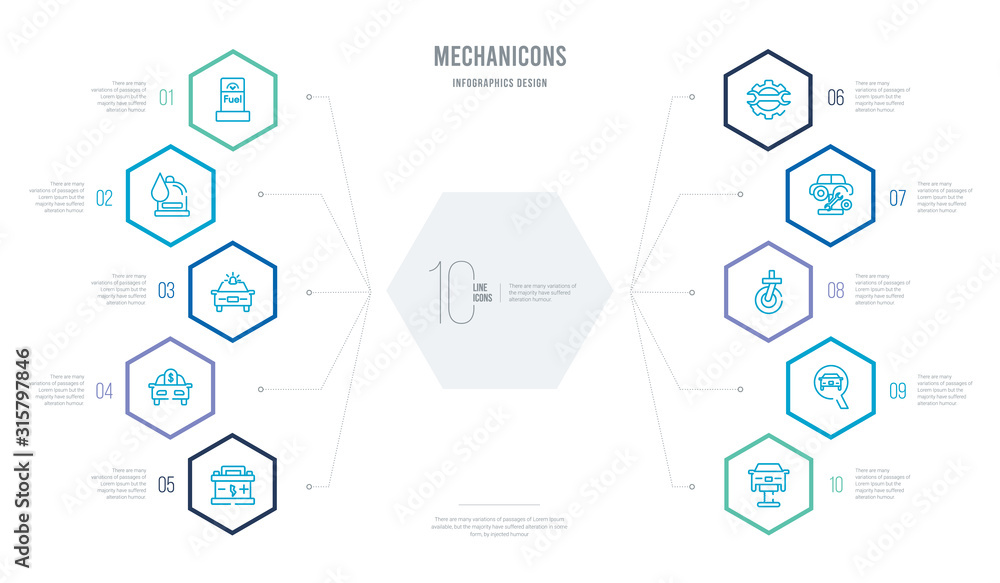 mechanicons concept business infographic design with 10 hexagon options. outline icons such as changing car tire, car front in magnifier glass, cart wheel, car tire change, repair wrenches, brand mechanicons concept business infographic design with 10 hexagon options. outline icons such as changing car tire, car front in magnifier glass, cart wheel, car tire change, repair wrenches, brand