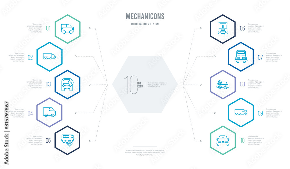 mechanicons concept business infographic design with 10 hexagon options. outline icons such as rectangular car front, lorry side view, car wrenc and cogwheels, big bus front, public bus, van side mechanicons concept business infographic design with 10 hexagon options. outline icons such as rectangular car front, lorry side view, car wrenc and cogwheels, big bus front, public bus, van side