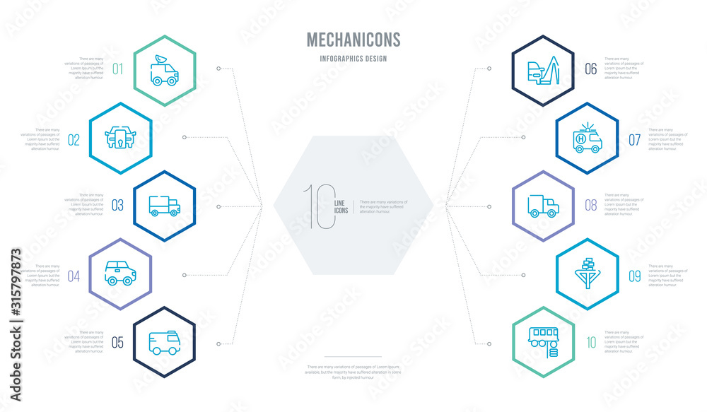 mechanicons concept business infographic design with 10 hexagon options. outline icons such as bus in reparation, garage elevator, cargo truck facing left, cross car, triangular tent, small car mechanicons concept business infographic design with 10 hexagon options. outline icons such as bus in reparation, garage elevator, cargo truck facing left, cross car, triangular tent, small car