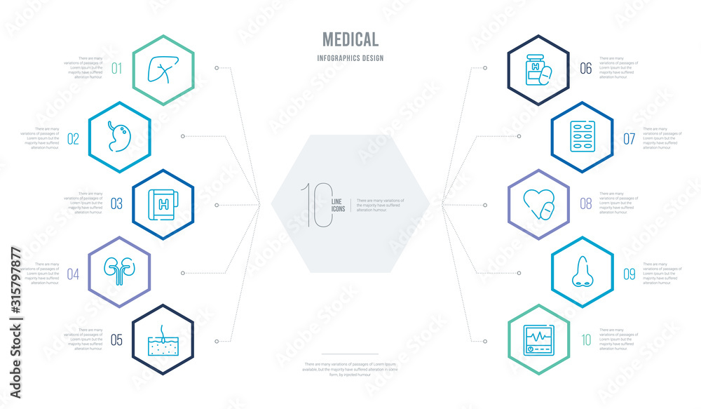medical concept business infographic design with 10 hexagon options. outline icons such as cardiogram, nose, antibiotic, pill, drugs, kidney medical concept business infographic design with 10 hexagon options. outline icons such as cardiogram, nose, antibiotic, pill, drugs, kidney