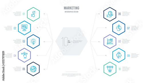 marketing concept business infographic design with 10 hexagon options. outline icons such as diversify, commission, yield, offer, ratio, appreciation