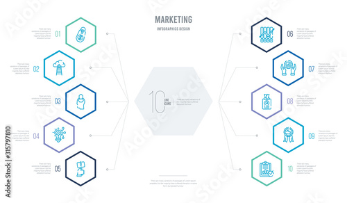marketing concept business infographic design with 10 hexagon options. outline icons such as result, recommendation, id, service, trend, innovation