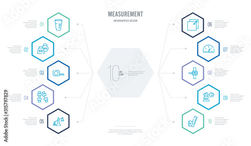 measurement concept business infographic design with 10 hexagon options. outline icons such as square measument, heavy weight, heart meter, speed indicator, resize square, two dumbbell