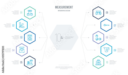 measurement concept business infographic design with 10 hexagon options. outline icons such as chronometer running, cup scale, two dumbbells, full spoon, small scale, groceries store scale