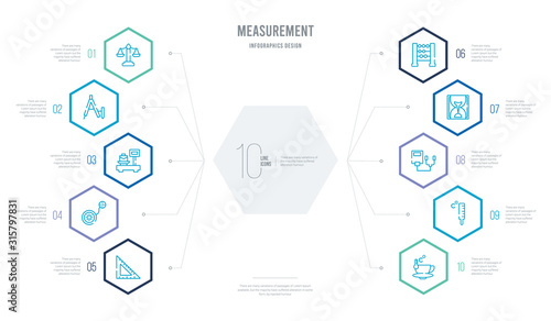 measurement concept business infographic design with 10 hexagon options. outline icons such as cup temperature, fever measuring, nanometer, sand clock almost finish, old calculator, wheel meter