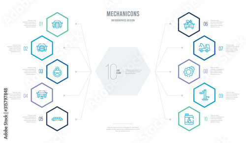 mechanicons concept business infographic design with 10 hexagon options. outline icons such as water tank for vehicles, car lifter, two cogwheels, car crane, car with repair equipment, electric and