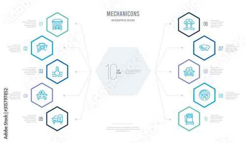 mechanicons concept business infographic design with 10 hexagon options. outline icons such as gasoline refilling station, car steering wheel, car for sale, glass wiper, car on an elevator, with