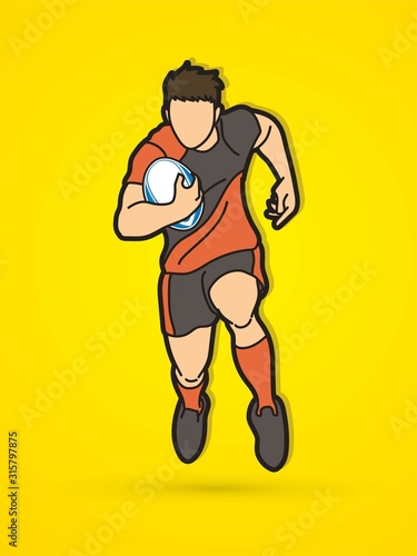 Rugby player action cartoon sport graphic vector.