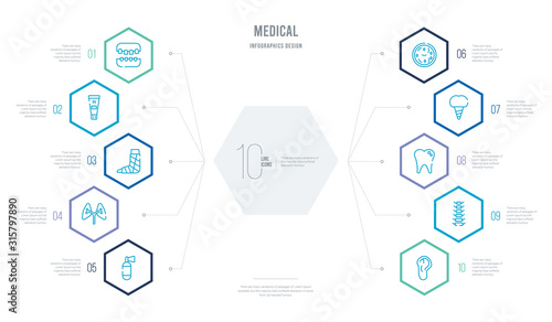 medical concept business infographic design with 10 hexagon options. outline icons such as ear, spinal column, tooth, implants, bacteria, lungs