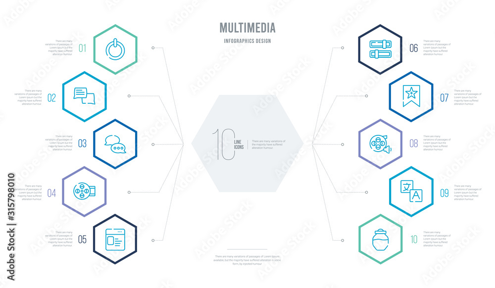 multimedia concept business infographic design with 10 hexagon options. outline icons such as substance, translate, multimedia, favorites, switches, roll multimedia concept business infographic design with 10 hexagon options. outline icons such as substance, translate, multimedia, favorites, switches, roll