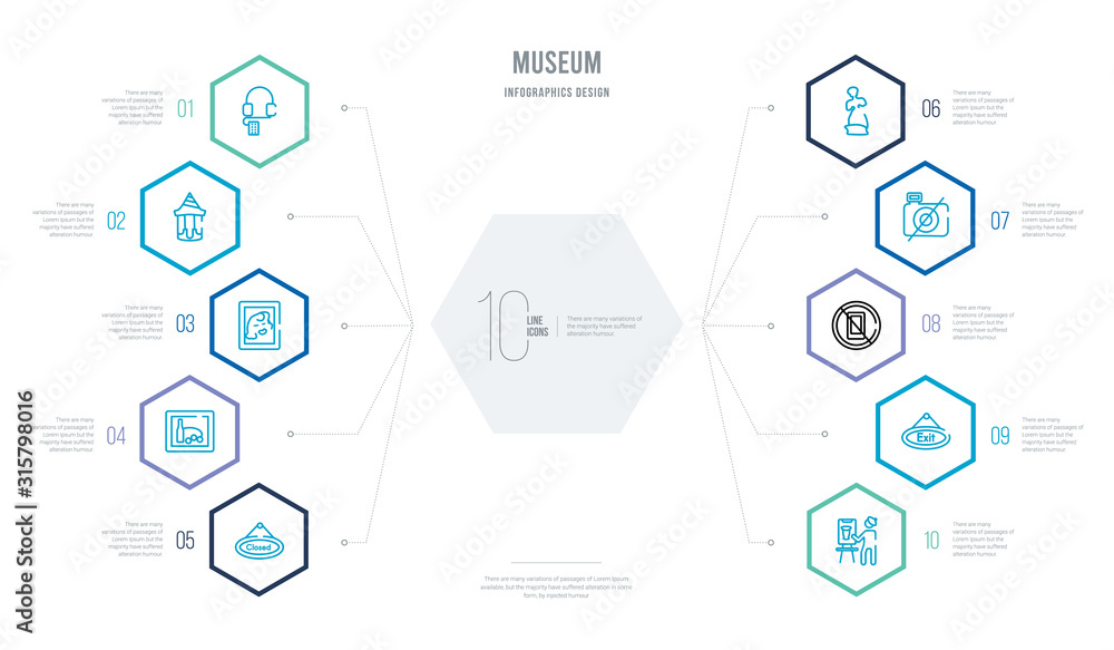 museum concept business infographic design with 10 hexagon options. outline icons such as painting, exit, no phone, no photo, venus de milo, still life museum concept business infographic design with 10 hexagon options. outline icons such as painting, exit, no phone, no photo, venus de milo, still life