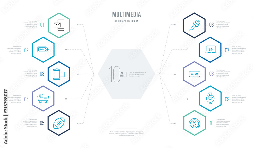 multimedia concept business infographic design with 10 hexagon options. outline icons such as rolling, condenser, on button, english, microphone for journalists, big video projector multimedia concept business infographic design with 10 hexagon options. outline icons such as rolling, condenser, on button, english, microphone for journalists, big video projector