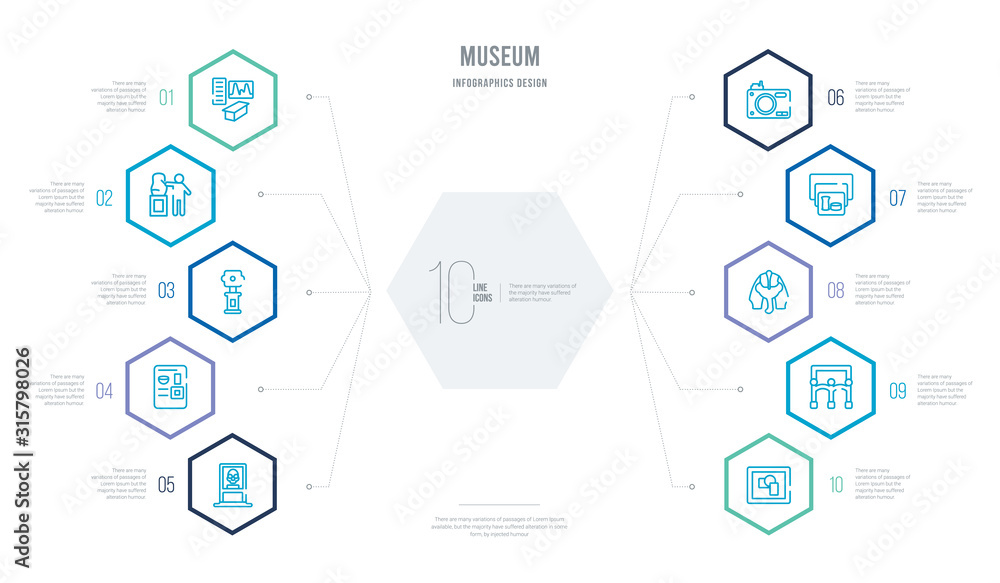 museum concept business infographic design with 10 hexagon options. outline icons such as modern art, exhibition, sarcophagus, postcards, photographic, panel museum concept business infographic design with 10 hexagon options. outline icons such as modern art, exhibition, sarcophagus, postcards, photographic, panel