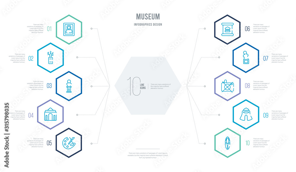 museum concept business infographic design with 10 hexagon options. outline icons such as african mask, roman or greek helmet, no photo, statue, paper scroll, antic architecture museum concept business infographic design with 10 hexagon options. outline icons such as african mask, roman or greek helmet, no photo, statue, paper scroll, antic architecture