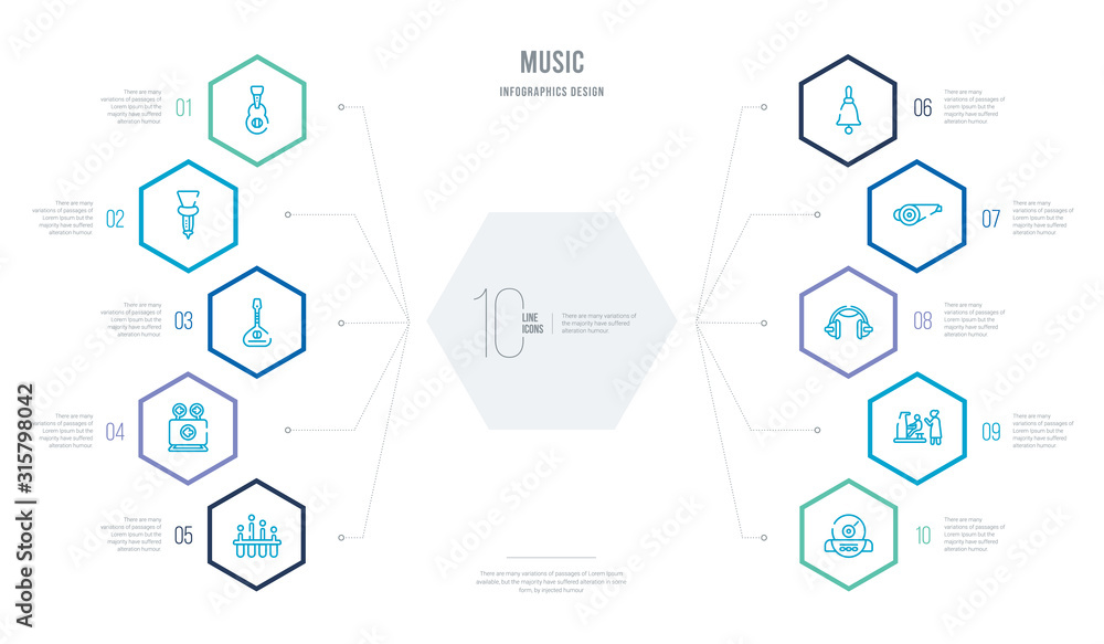 music concept business infographic design with 10 hexagon options. outline icons such as cd writer, piano class, school headphones, football referee whistle, retro school bell, friction music concept business infographic design with 10 hexagon options. outline icons such as cd writer, piano class, school headphones, football referee whistle, retro school bell, friction
