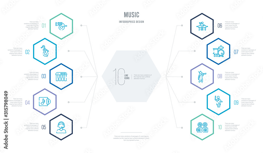 music concept business infographic design with 10 hexagon options. outline icons such as recorder player, orchestra director, pied piper of hamelin, drummer set, dj hand motion, long play record music concept business infographic design with 10 hexagon options. outline icons such as recorder player, orchestra director, pied piper of hamelin, drummer set, dj hand motion, long play record