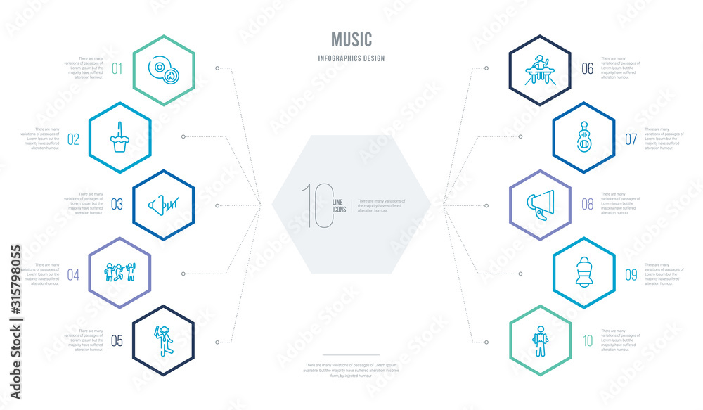music concept business infographic design with 10 hexagon options. outline icons such as accordionist, bell, vintage loudspeaker, three strings guitar, party dj, troubadour with kids music concept business infographic design with 10 hexagon options. outline icons such as accordionist, bell, vintage loudspeaker, three strings guitar, party dj, troubadour with kids