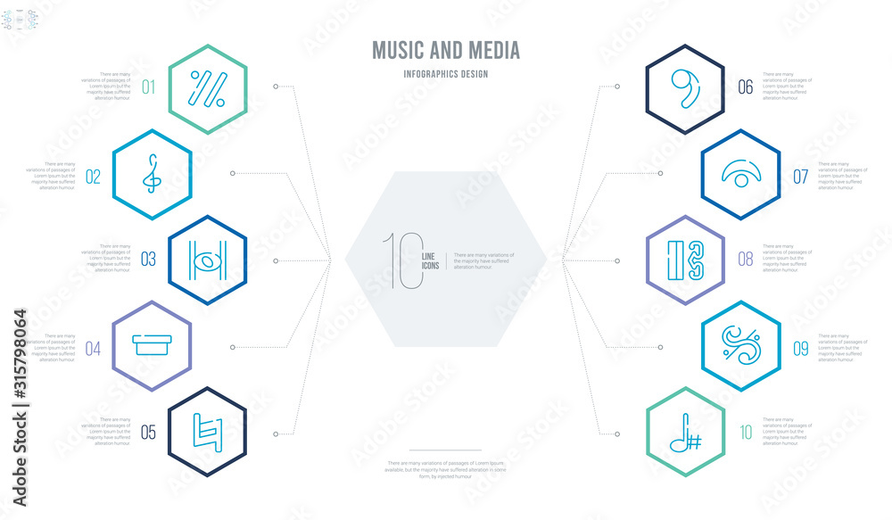 music and media concept business infographic design with 10 hexagon options. outline icons such as sharp, segno, alto clef, fermata, breath mark, whole rest music and media concept business infographic design with 10 hexagon options. outline icons such as sharp, segno, alto clef, fermata, breath mark, whole rest