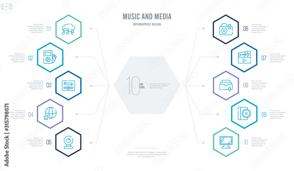 music and media concept business infographic design with 10 hexagon options. outline icons such as television screen off, dvd disc, image archive, clapperboard play button, photo camera, globe with music and media concept business infographic design with 10 hexagon options. outline icons such as television screen off, dvd disc, image archive, clapperboard play button, photo camera, globe with
