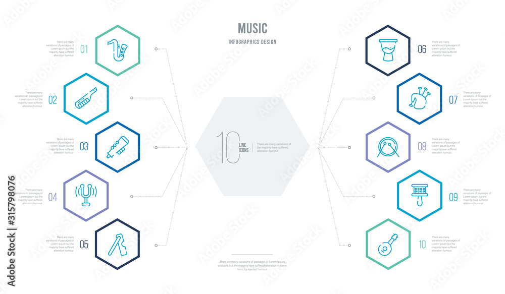 music concept business infographic design with 10 hexagon options. outline icons such as mandolin, cabasa, drumstick, bagpipes, timpani, diapason music concept business infographic design with 10 hexagon options. outline icons such as mandolin, cabasa, drumstick, bagpipes, timpani, diapason